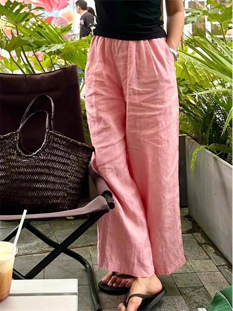 

Pink Cotton Linen Wide Leg Pants Straight Cut Thin Summer Casual Loose Slimming Nine Point Women's Trousers High Waist Korean...