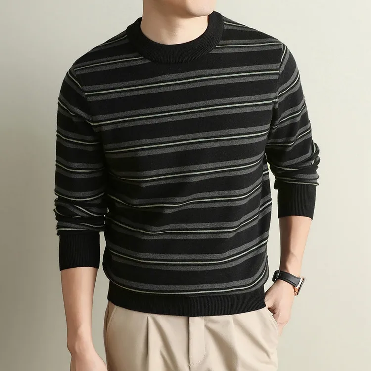 2026 Autumn Winter O-neck Modal Wool Men Sweaters Male Knit Tops Sheep Wool Striped Sweater