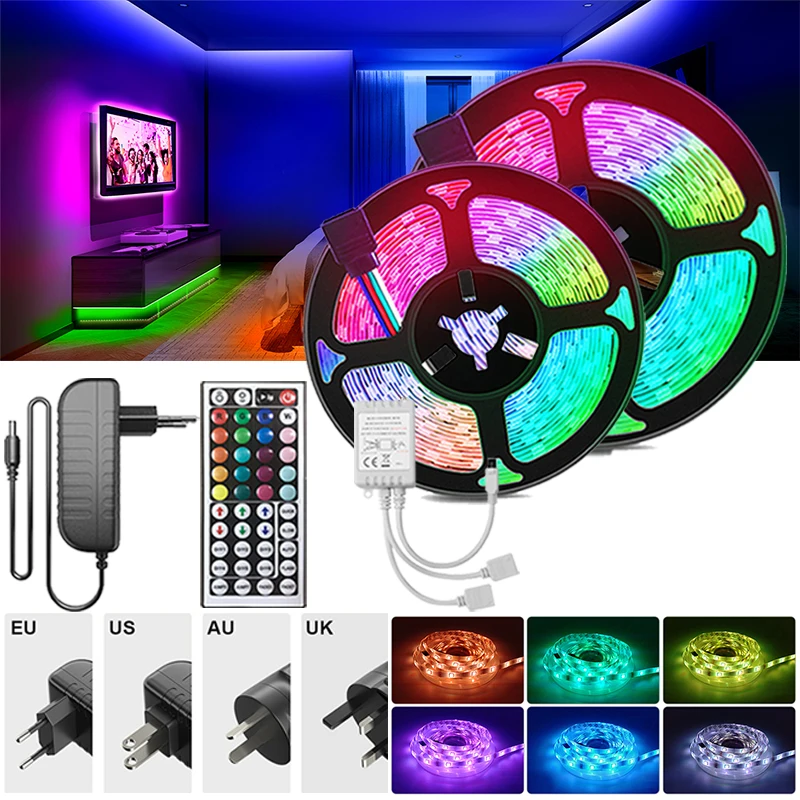 Светодиодная Rgb-лента, 5-30 м, для украшения комнаты, Rgb-светодиодная лента 5050 с регулируемой яркостью, 44 клавиши, Rgb-светодиодная лента, Rgb-лампа, 110 В, 220 В, штепсельная вилка европейского стандарта