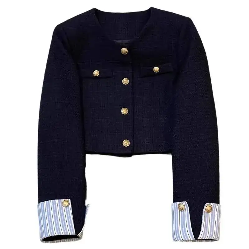 

Navy Nlue Small Fragrant Style Suit Jacket For Women Spring Autumn 2025 New Round Neck French Fashion Splicing Design Short Top