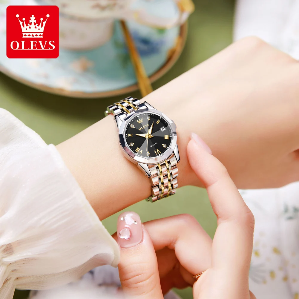 OLEVS Quartz Watch Women Rhombus Mirror Stainless steel Elegant Original Quartz Ladies Wristwatch Waterproof Diamond Wristwatch