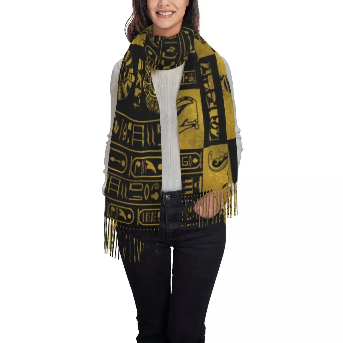 Retro Egyptian Gold Hieroglyphs And Symbols Collage Scarf Wrap Long Winter Fall Warm Tassel Shawl Egypt Hieroglyphic Scarves