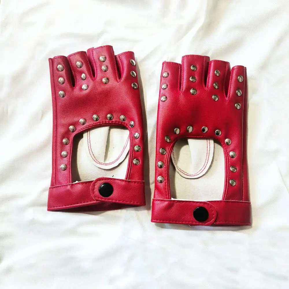 Unisex Gothic Rivet Gloves Faux Leather Strappy Fingerless Mittens For Stage Performance Nightclub Party Hip Hop Accessories