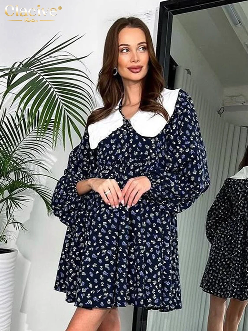 

Clacive Fashion Loose Print Women's Dress 2025 Casual Lapel Long Sleeve Mini Dresses Lady Elegant Classic Pleated Dress Female