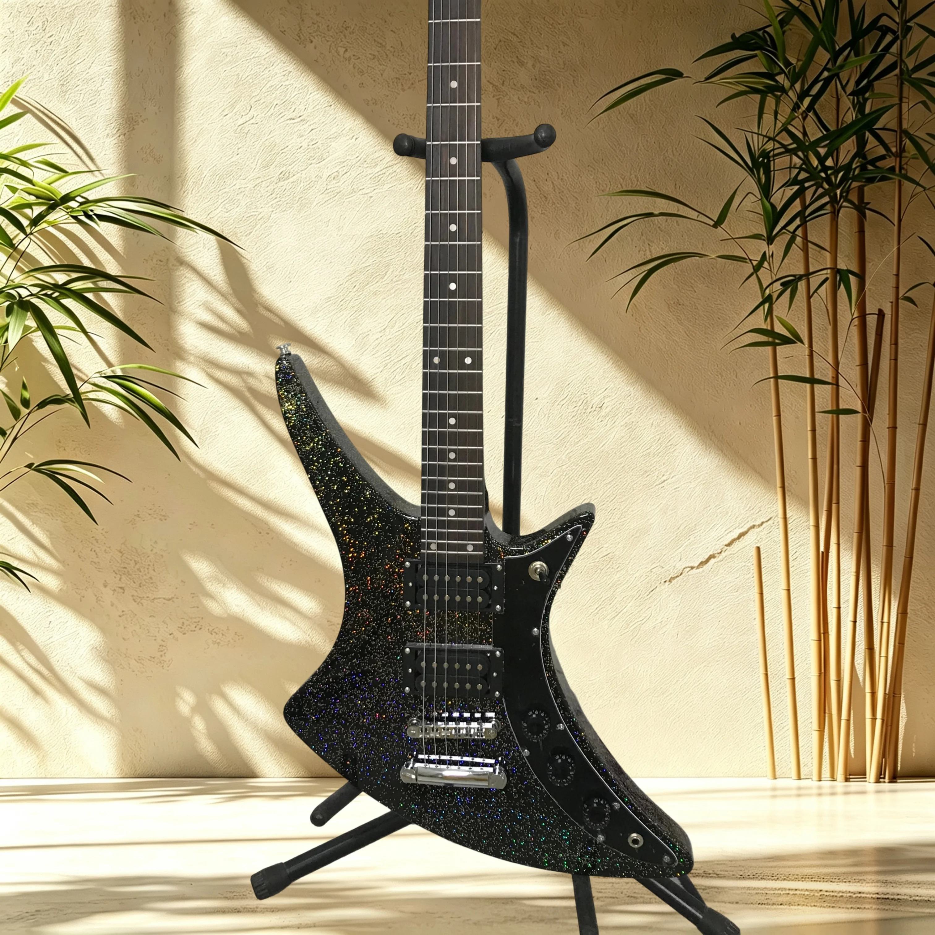 E Style Black Rainbow Glitter Shape Electric Guitar Rosewood Fretboard Dot Inlay Double Humbucker Tremolo Metal Band Rehearsal