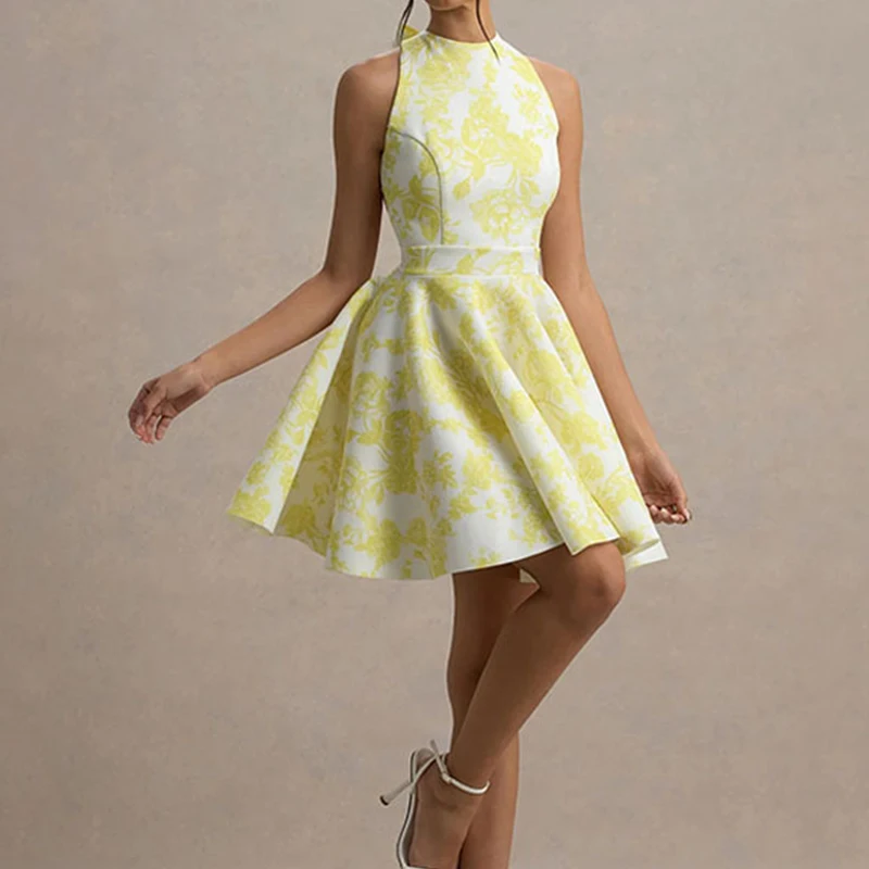 أزياء س الرقبة الدانتيل يصل مساء اللباس المرأة شيك طباعة أكمام عارية الذراعين فستان قصير مثير سليم عالية الخصر مطوي ألف خط اللباس