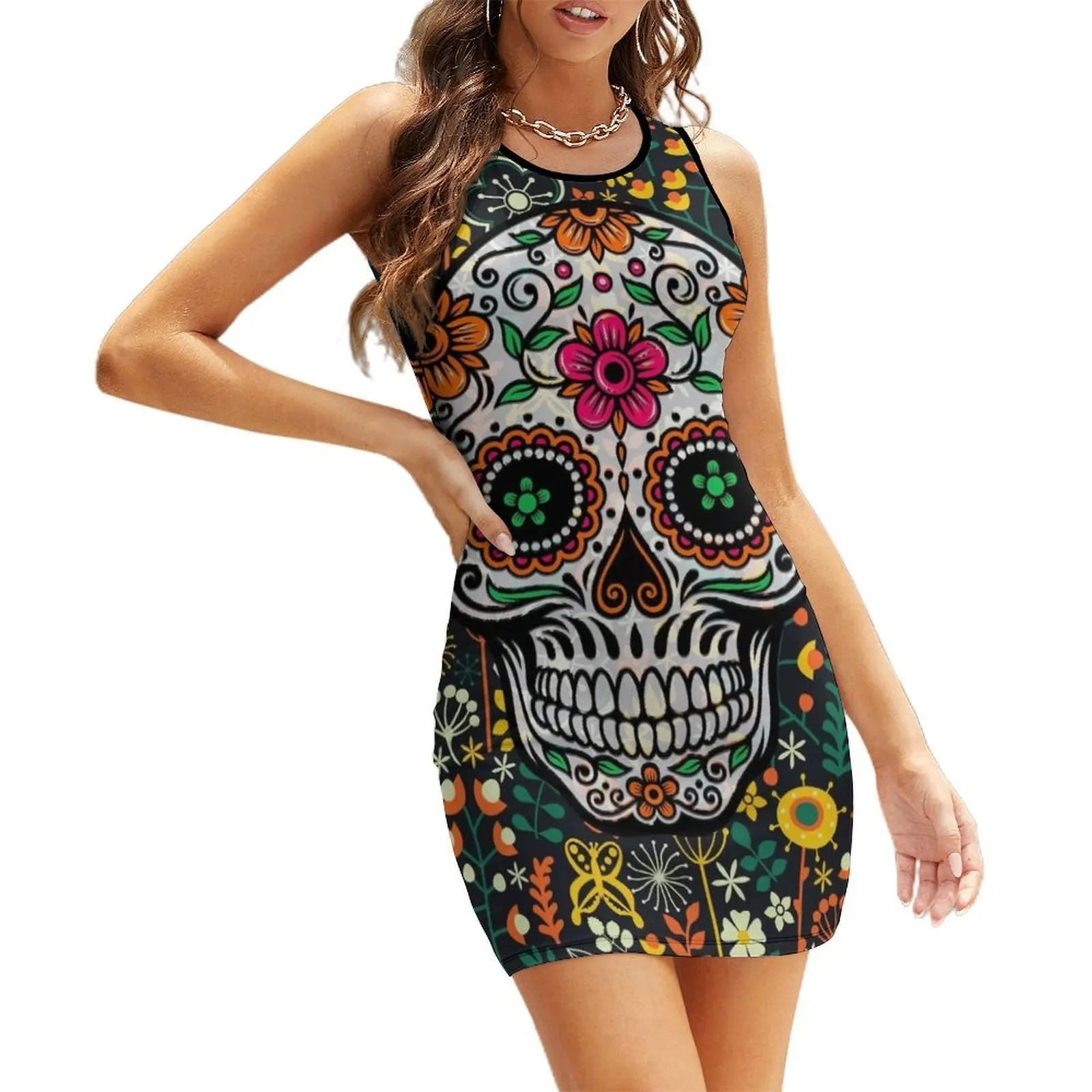 

Colorful Sugar Skull & Retro FlowersPattern Background Sleeveless Sundress Woman's evening dress dresses for womens 2025
