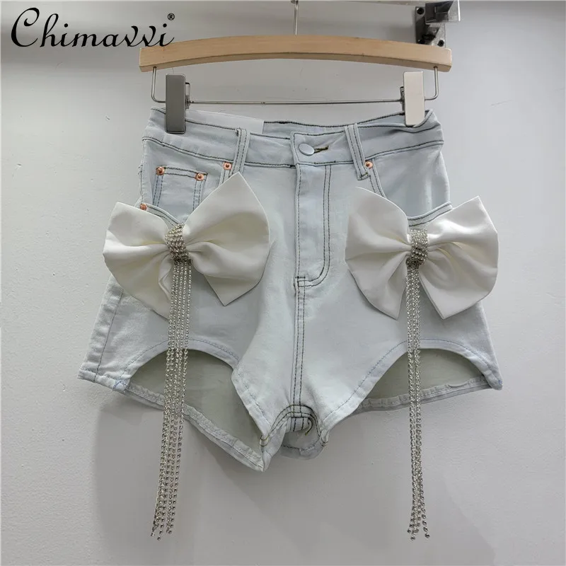 Fashion Denim Shorts Women's High Waist Three-dimensional Bow Diamond Tassel Hottie Sexy Super Shorts Hot Pants Summer New
