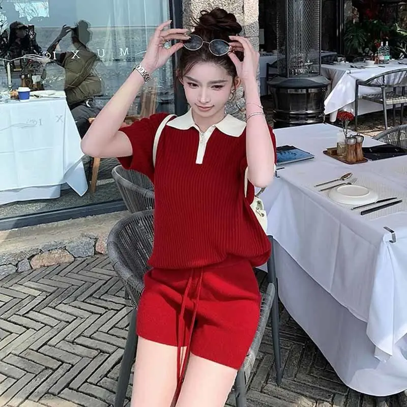Preppy Tennisstijl Polo Gebreide Set Dames Zomer Cropped Top + Shorts Outfit Sportief Chic Tweedelige Y2K Vrijetijdskleding Hoge kwaliteit