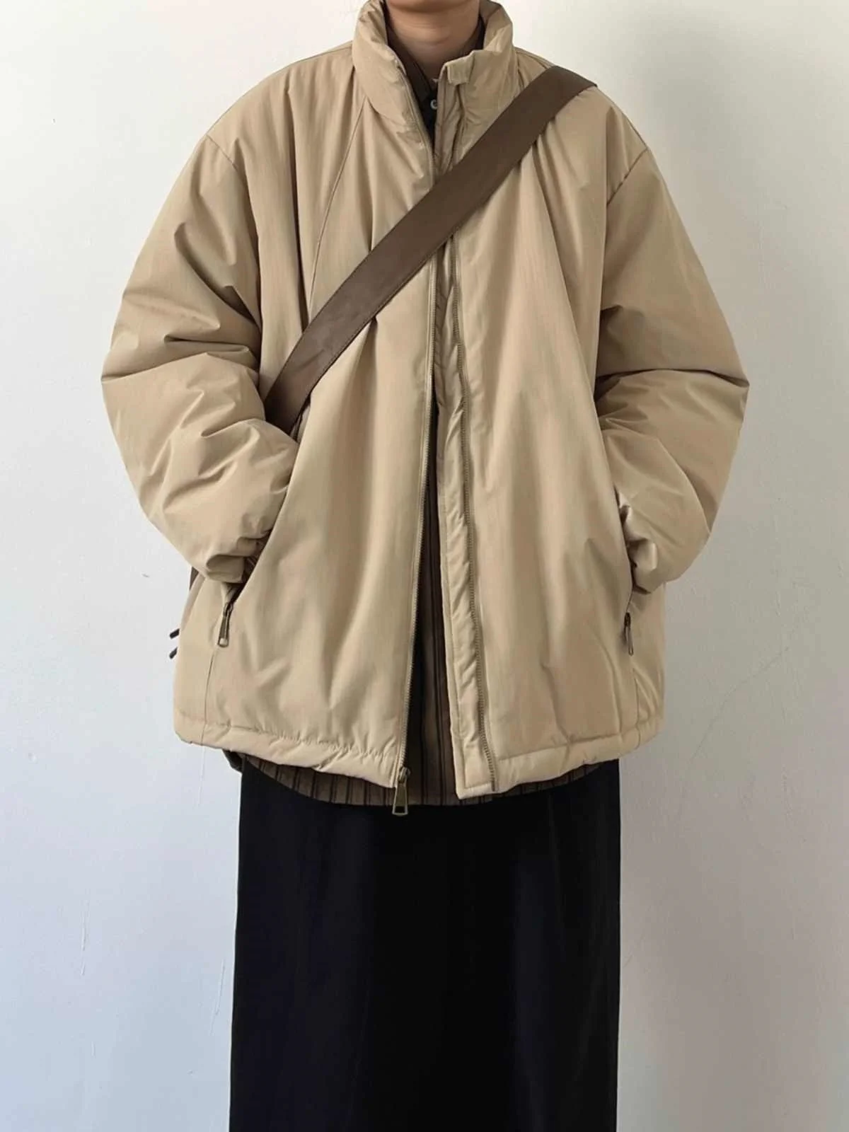 

Ретро-японская утепленная хлопковая куртка с карманами на молнии, воротником-стойкой, женское зимнее повседневное теплое пальто с длинными рукавами