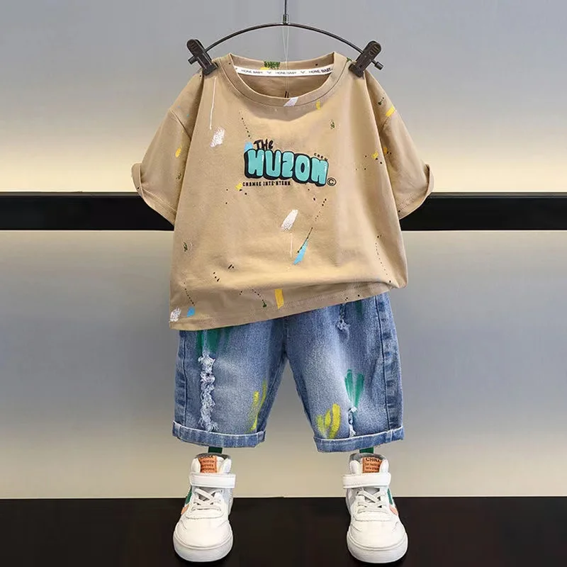 Summer Baby Kids Clothes Boy Sets Toddler Boys Cotton Sleeve T-shirt +Denim Shorts 2Pcs Children Outfits 1 2 3 4 5 6Y