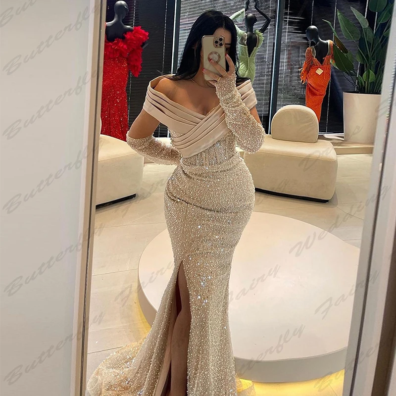 Luxe Sprankelende Nieuwe Avondjurken Voor Vrouwen Sexy Zeemeermin Off Shoulder Korte Mouw Hoge Split Elegante Feest Prom Jurken