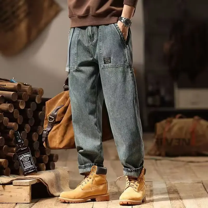 ملابس العمل الرجالية الجينز فضفاضة تناسب عادية الأمريكية الرجعية الخريف الشتاء ular ارتداء مقاومة مستقيم الساق سراويل قطنية