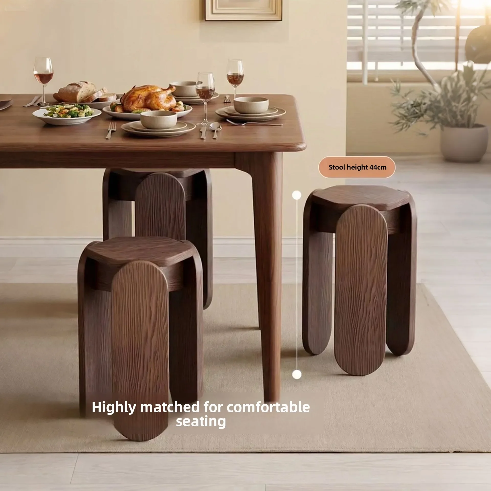 Premium walnut colored solid wood stacking stool, solid wood hexagonal stacking stool, household dining stool combination