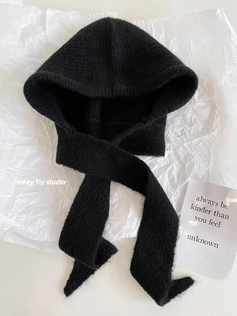 Koreanische Kapuzenschal-Balaclava-Mütze mit Ohrenschutz, warme Mütze für Damen, Retro-Mütze mit Schleife, Winter-Accessoires, gestrickte Mütze. – Detail 8