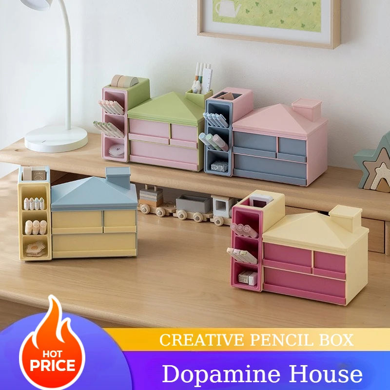 

House Dopamine Drawer Desktop Storage Box Diagonal Pencil Holder Kawaii Plastic Stationery Organizer Office Desk Accessories