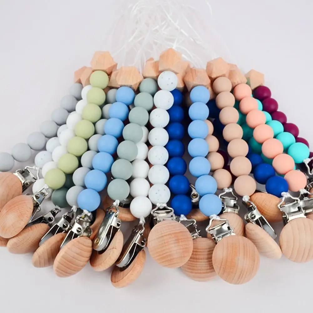 Dummy Clips Pacifier Holder Clips Octagonal Wood Beads Wood Baby Pacifier Chain Soother Holder Nipple Holder Clips