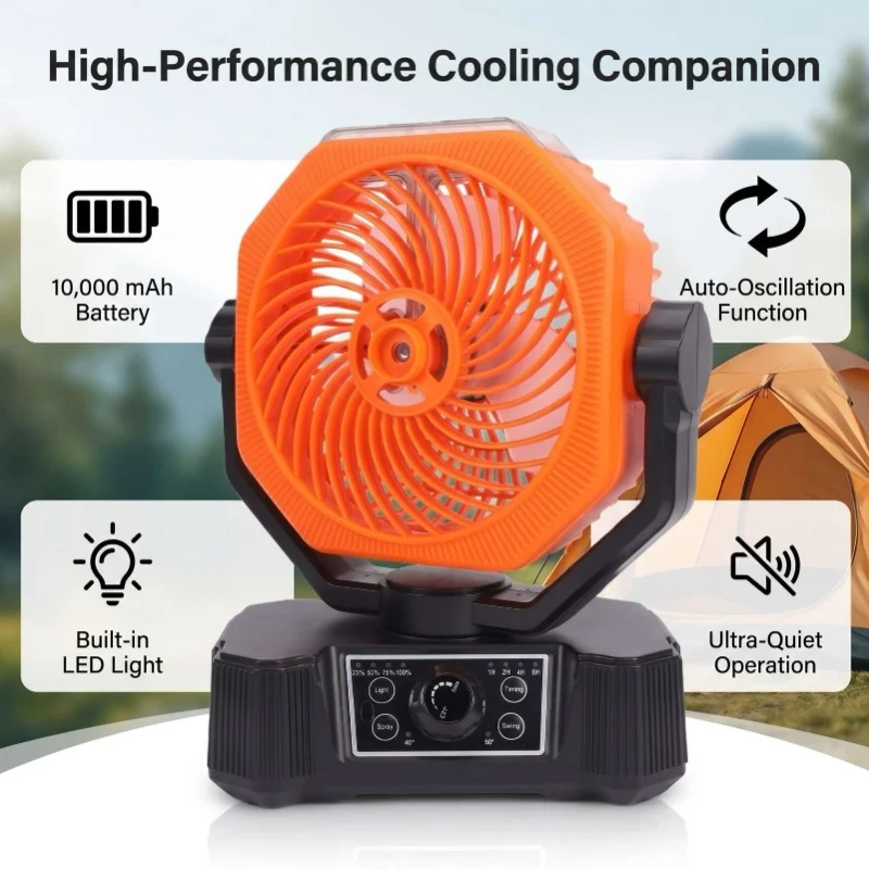 Auto Oscillating Camping Misting Fan 10000mAh Battery Tent Fan With LED Light For Office Travel Yard