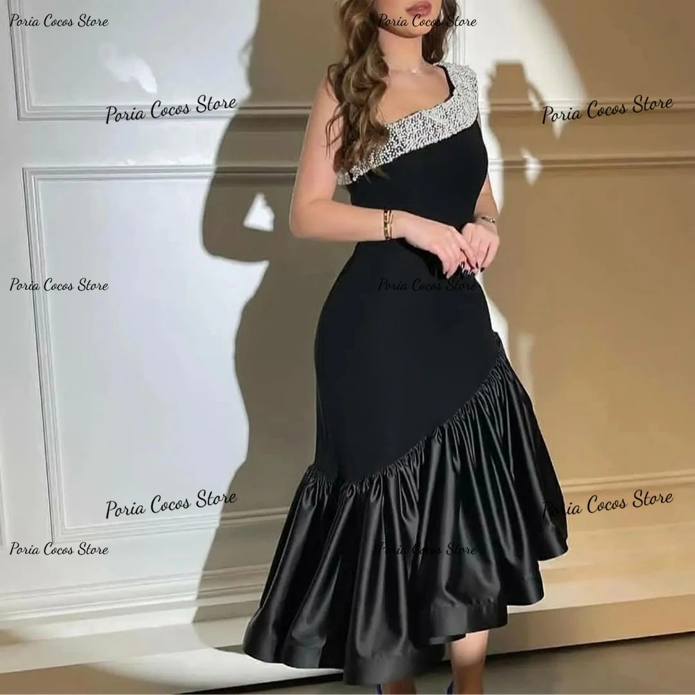 Customized Vintage Black One Shoulder Sleeveless Prom Gown Tulle Patchwork Backless Sheath Party Dress فساتين السهرة 2023 جديده