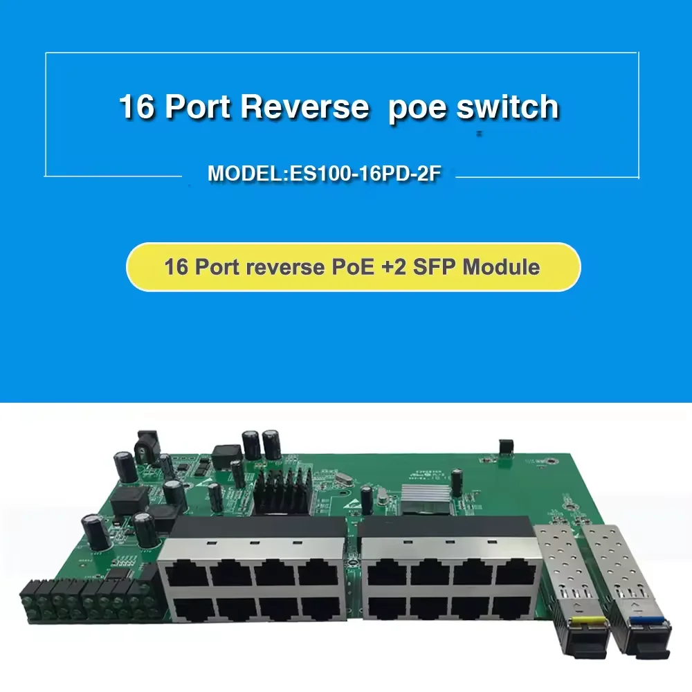 24V DC PoE reverso 2 x 1G SFP 16 ports 100Mbps VLAN reverse PoE switch PCBA