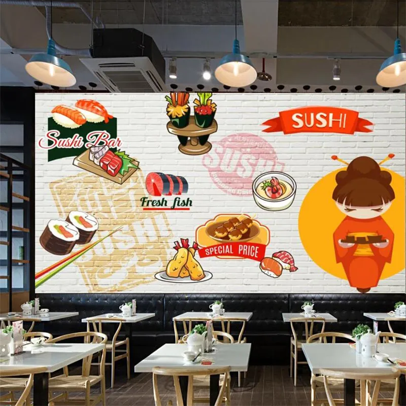 Custom Hand-painted Japanese Cuisine Wall Paper 3D Sushi Restaurant Snack Bar Industrial Decor Background Mural Wallpaper 3D