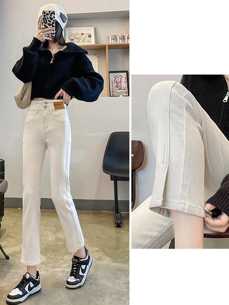 Straight Leg Jeans Women\'s Spring Autumn High waisted Clothes Trendy Y2k Bottom Split Ankle Length White Denim Pants Streetwear