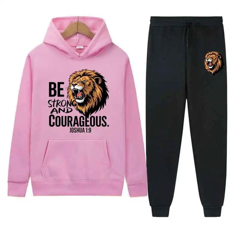 Primavera outono masculino leão impressão casual 2pc define personalidade sweatshirts rua moda esportes terno com capuz topos calça fina