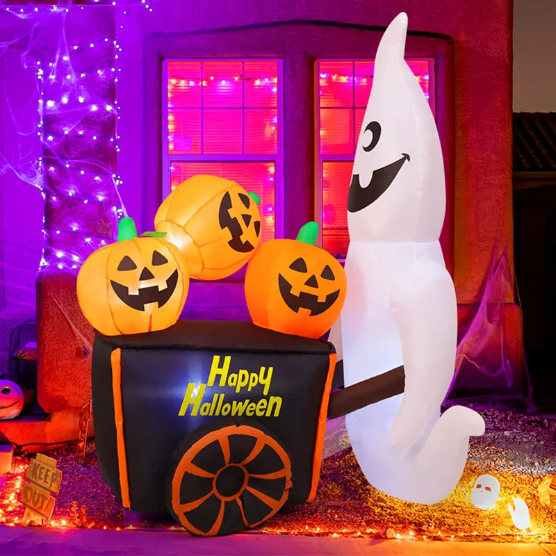 6ft decoração de halloween brinquedo inflável fantasma empurrar carrinho de abóbora com luzes led festa de férias ao ar livre modelo inflável de halloween
