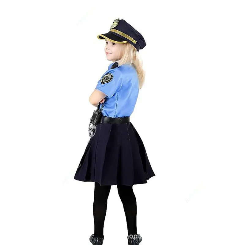 Halloween Kids Police Officer Uniform Costumes Cosplay Girl's Blue Police Dresses Costume for Christmas Party