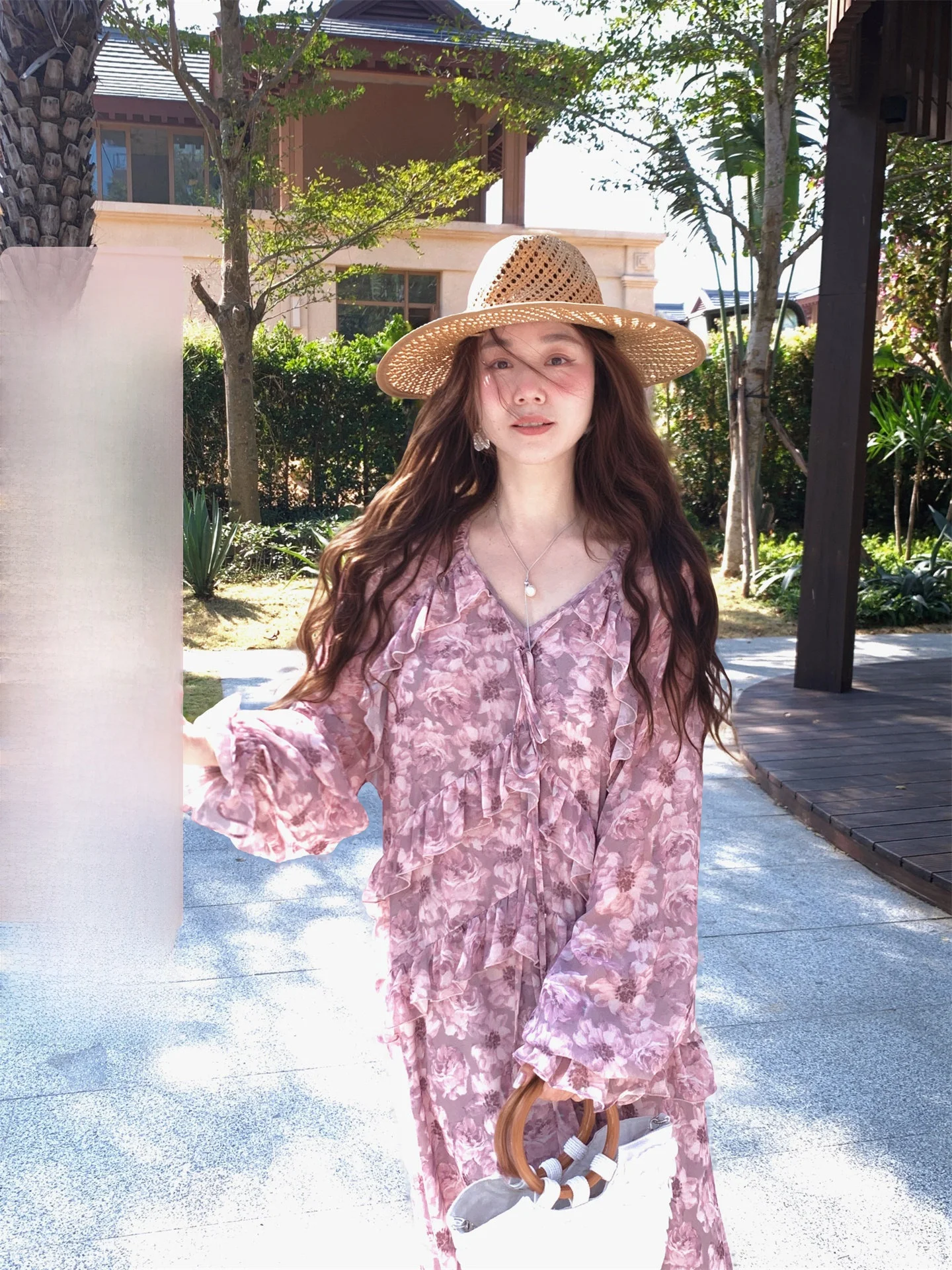 

Wang's Purple Floral Long Sleeve Dress Women's Elegant Beautiful Long Dress Spring 2026 New Style Casual V-neck Polyester Fiber
