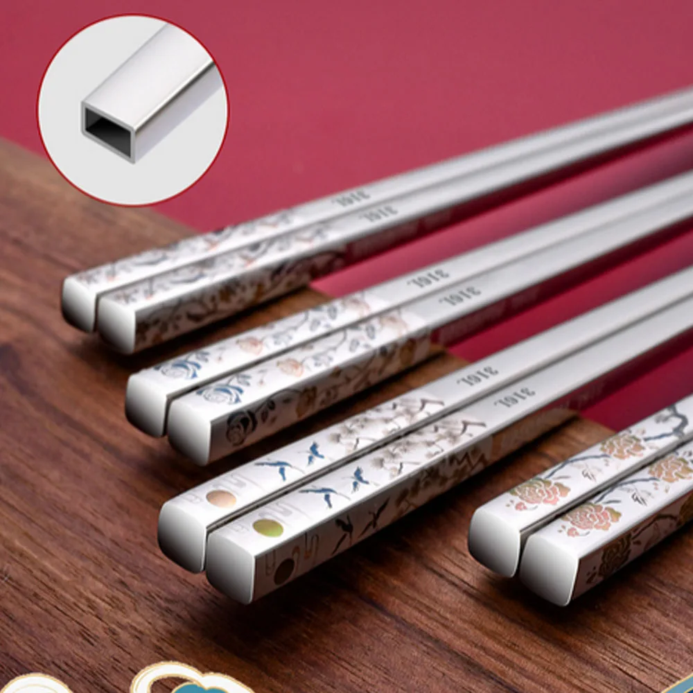 Traditional Chinese Style Color Printed Titanium-plated 316L Stainless Steel Chopsticks Non-Slip Anti-Mold Household Tableware