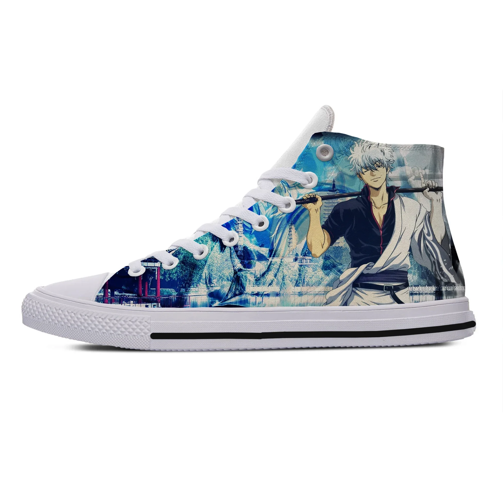 Anime feminino e masculino Gintama sapatos clássicos de tabuleiro de alta ajuda, tênis casual dos desenhos animados, moda legal, engraçado, verão, alta qualidade, quente