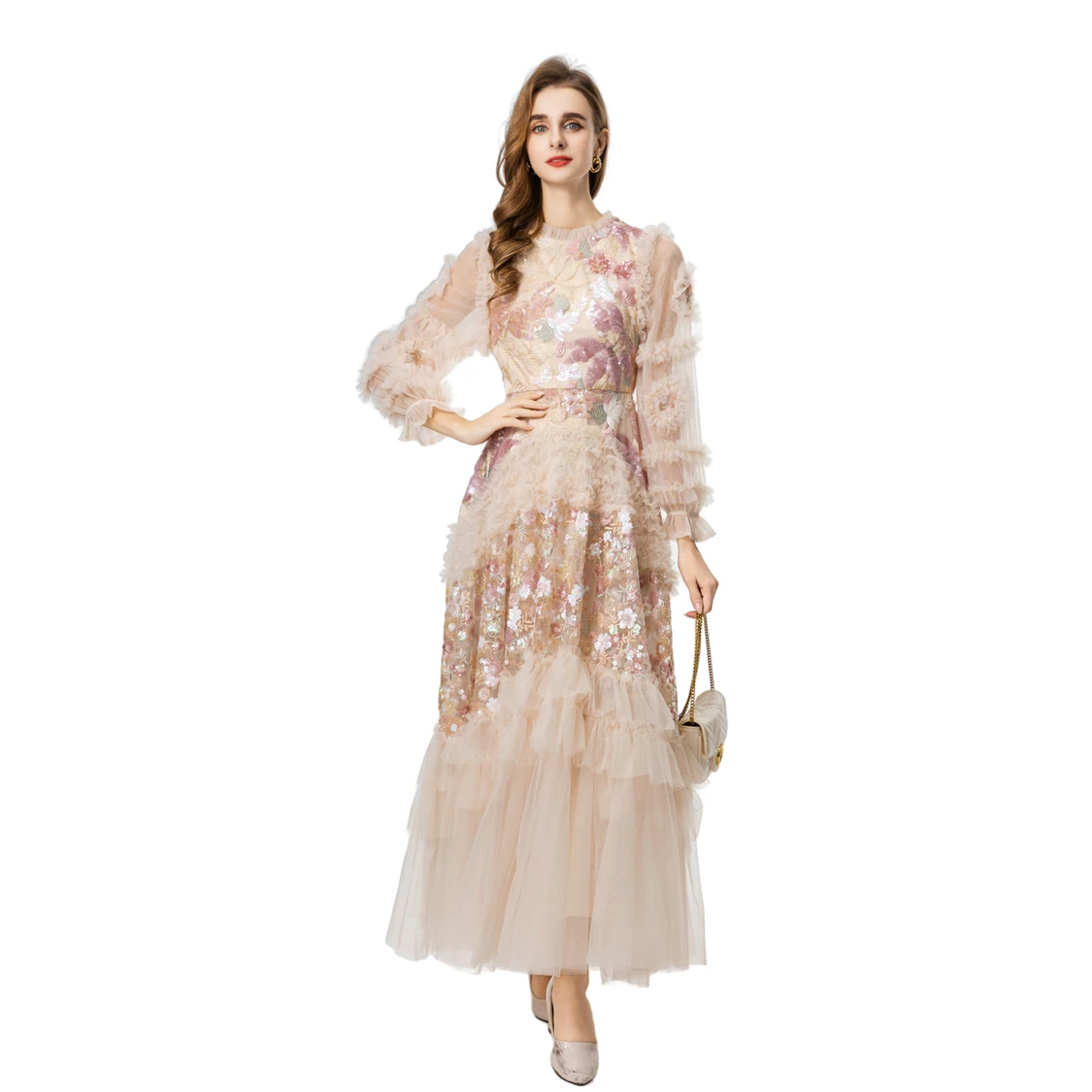 Enchanting Nude 3D Floral Maxi Dress with Long Ruffled Sleeves Multi - Tiered Tulle Skirt & Sequin Accents Prom Gown Vestidos