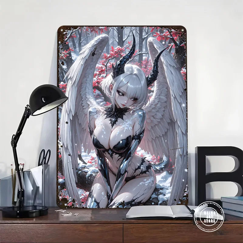 Winged Anime Girl With Horns Tin Poster Customized Wall Art Retro Vintage Metal Signs for Fans Room Home Decoration Luxury House