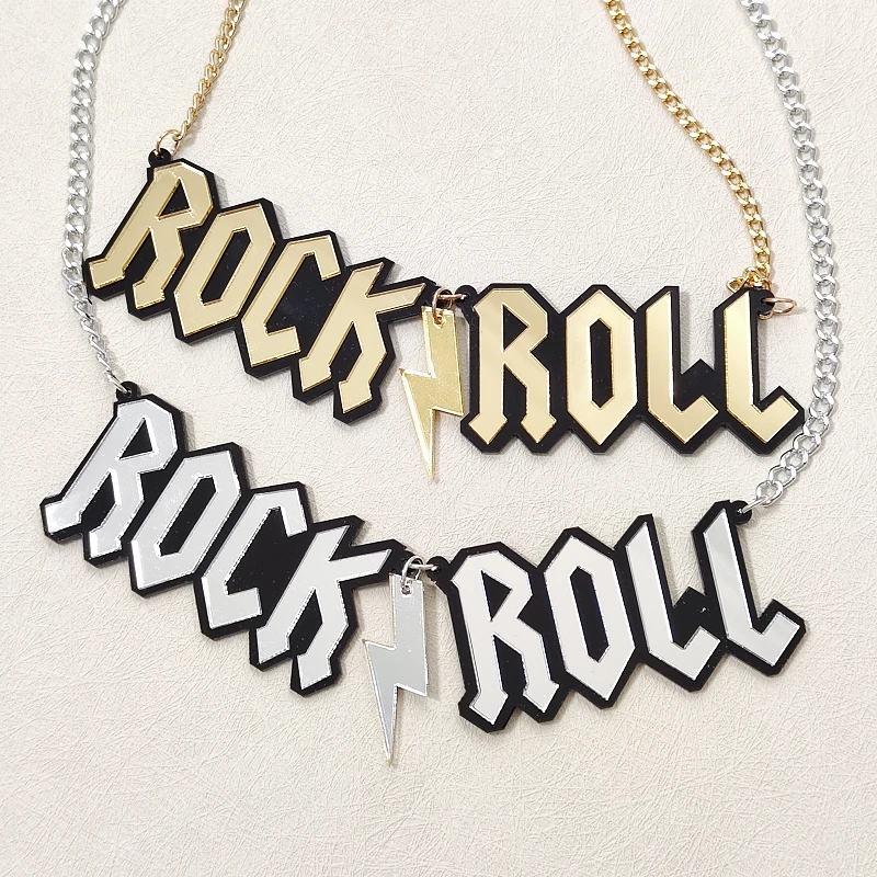 KUGUYS ROCK ROLL Pendant Necklace for Women Mirror Acrylic HipHop Punk Jewelry Accessories Gold Silver Color