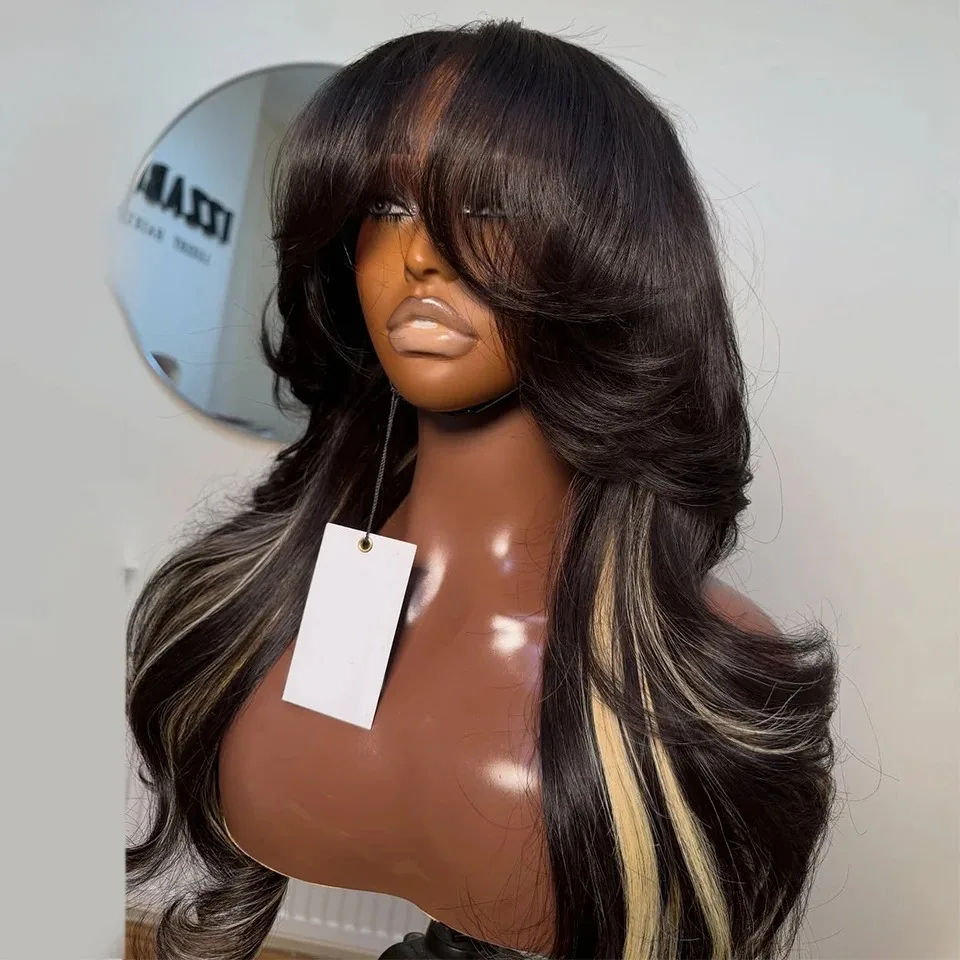 Long Wavy Synthetic Lace Front Wig 13x4 Preplucked Glueless Wear And Go Wig Natural Black With Blonde Highlights Heat Resistant