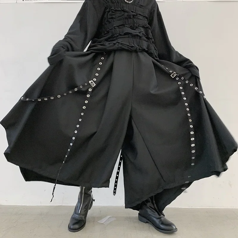 Men Ribbon Dark Black Wide Leg Pants Male Women Japan Punk Gothic Harem Trousers Kimono Skirt Pants