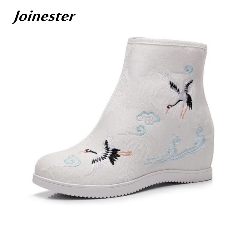 Internal Height Increased Retro Embroidered Ankle Short Boots for Women Round Toe Side Zip Spring Autumn Casual Shoe