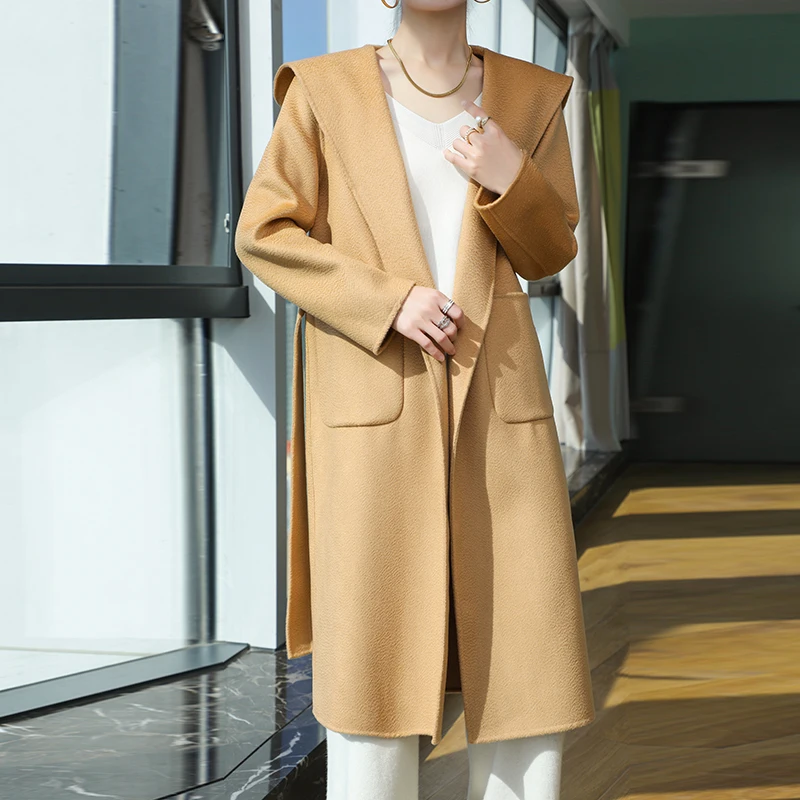 Ladies' 100% Cashmere Thick Double-sided Long Jacket With Water Ripple Classic Multifunctional Fashion Suitable for Business