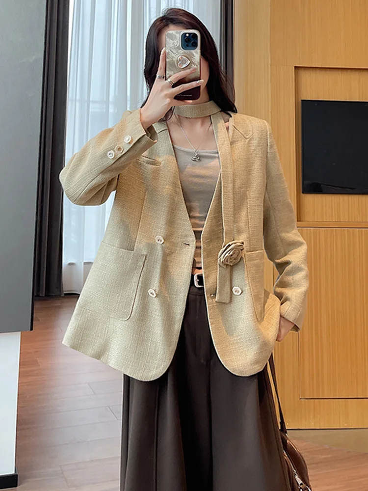 

Ele Autumn Winter Women's Double-Breasted Suit Jaet Commute Sle ort Coat Classic Straight Cut Long Sve Pure Color