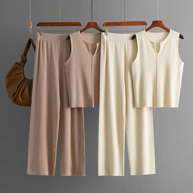 

Summer Simple Sleeveless Knitted Top Fashion Casual Wide-Leg Pants Two-Piece Set Women