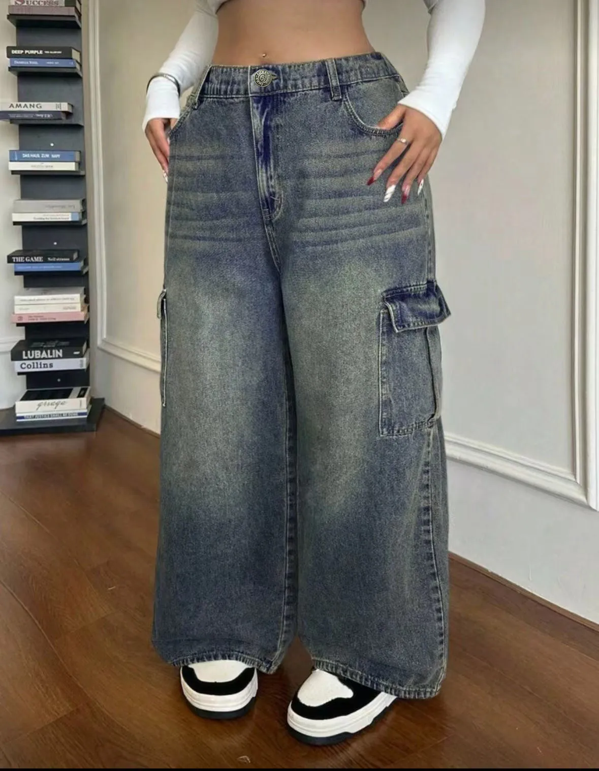 

Женские повседневные синие потертые джинсы больших размеров, свободные прямые джинсы