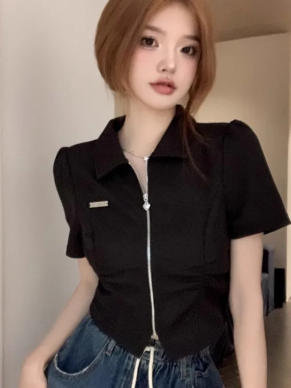 Summer New Sle Women's  Ne ort Sve T-irt Zipper Design Slim Fit ort Length Top Large Size oulder Width
