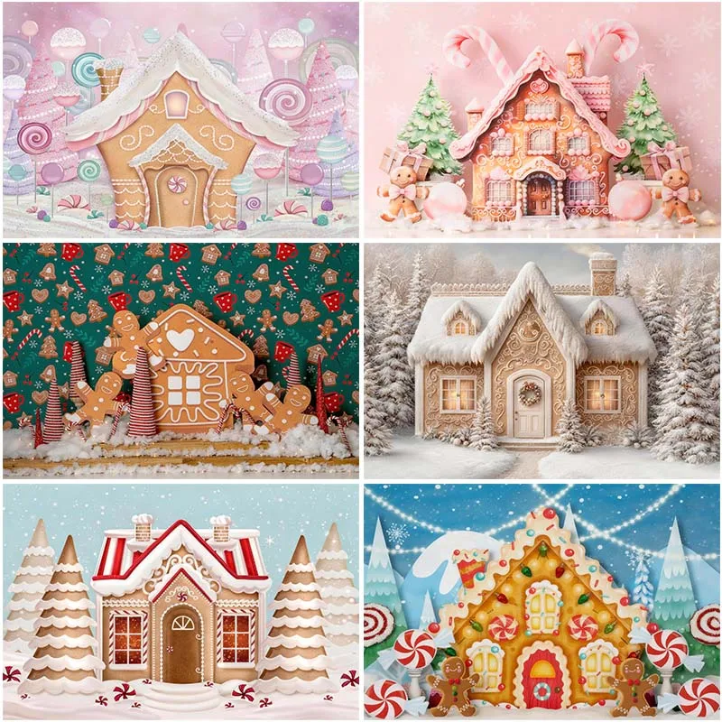 LS Photography Background Winter Christmas Gingerbread House Lollipop Xmas Kid Family Portrait Decor Backdrop Photo Studio