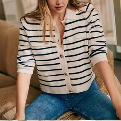 Women's Cardigan 2024 New Autumn Winter Striped Turn Down Collar Single Breasted CasualSweater with Pockets