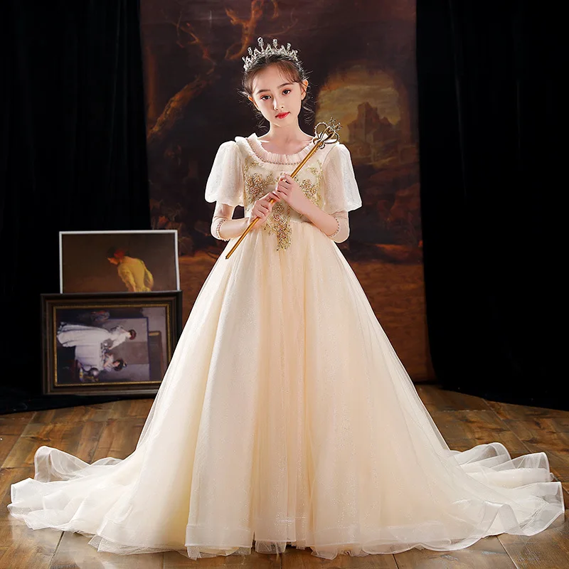 

Girls Princess Dress Birthday Little Girl Children's Fashionable Show Dress with Train Puffy Tulle Piano Performance Dress Summe