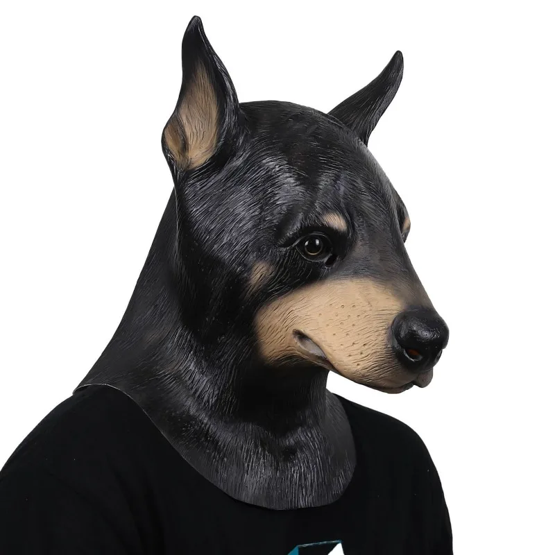 Maschera per cani realistica Testa di Doberman nera Divertente maschera per animali in lattice Vestito operato Festa di carnevale Maschera per costume cosplay di Halloween per uomo