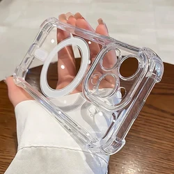 Luxury Magsafe Transparent Case for iPhone 16 15 14 13 12 11 Pro Max Plus Shockproof Soft Bumper Magnetic Wireless Charge Cover