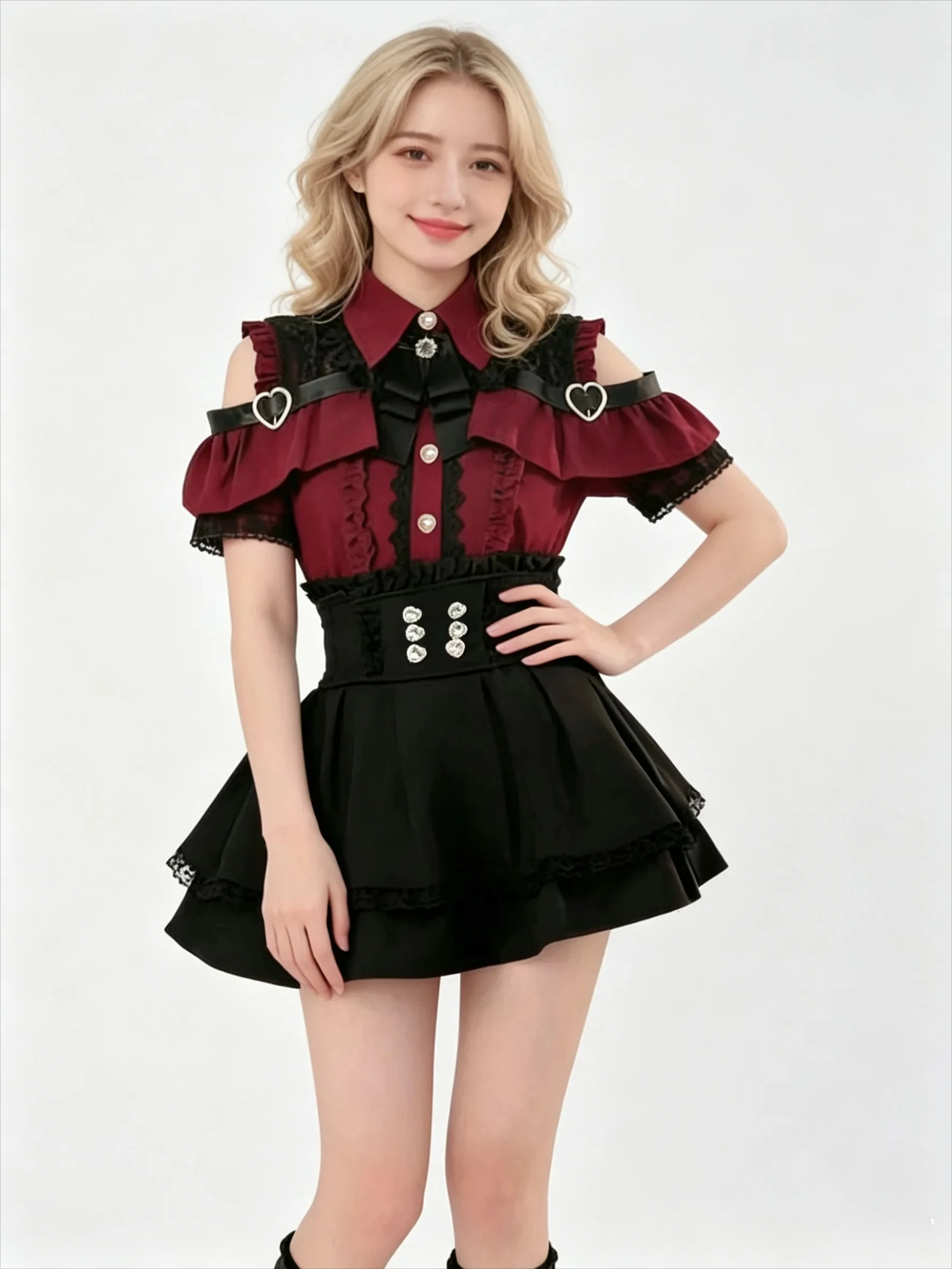 

Women Kawaii Two 2 Piece Set - Lace Blouse Mini Skirt Coord Red Sexy Shirt Gothic Lolita Crop Top with Detachable Sleeves Girls