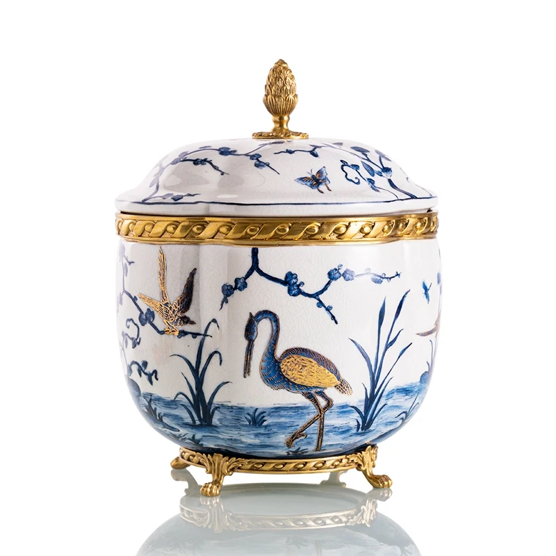 

European Style Brass Ornated Porcelain Candy Jar With Removable Lid Blue And White Footed Ceramic Kitchen Storage Container